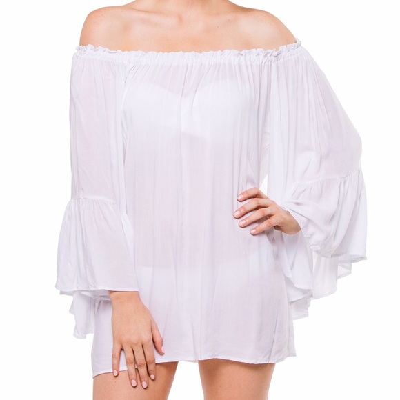 Elan Tops - White Elan Ruffle Off Shoulder Cover Up Top💙